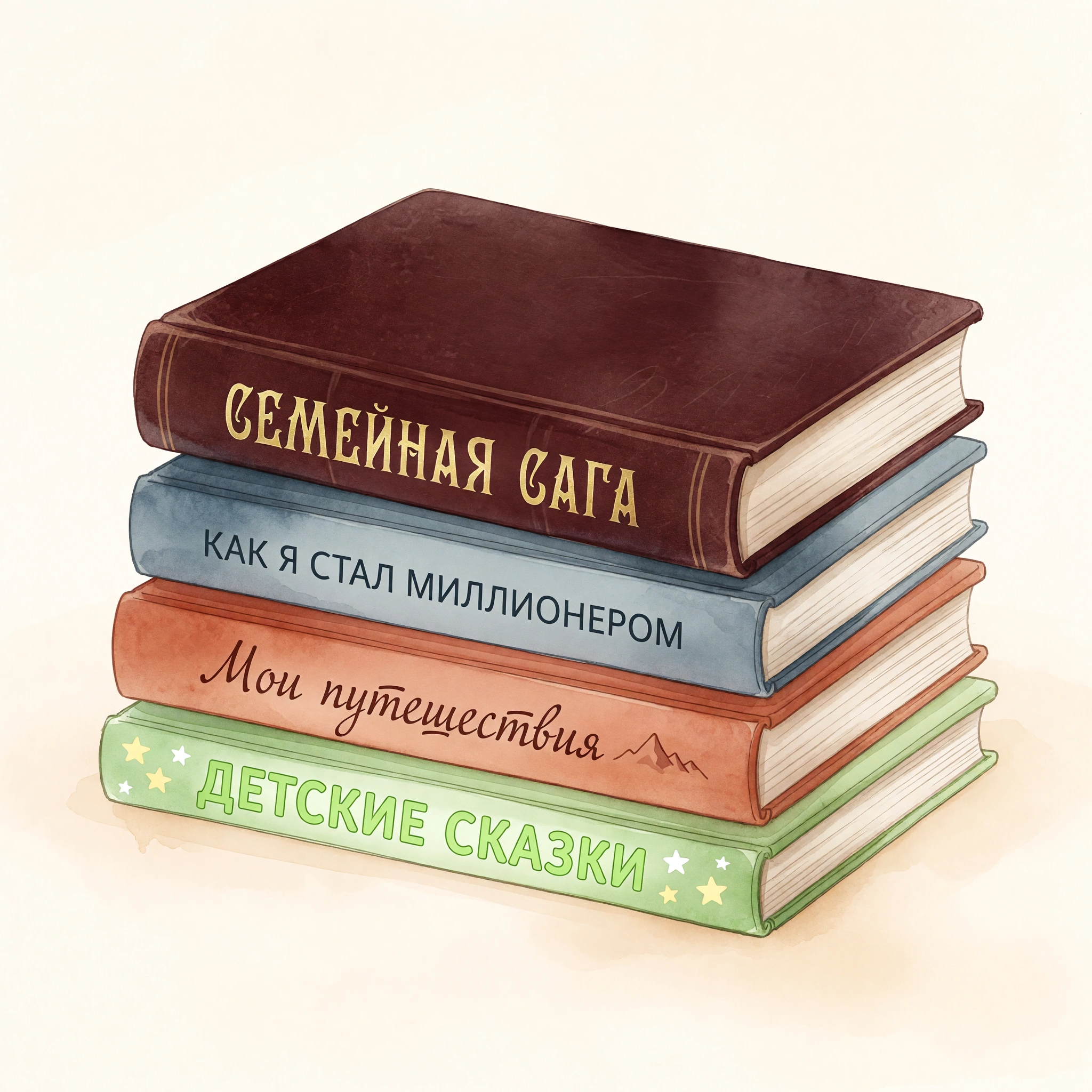 Стопка книг: «Семейная сага», «Как я стал миллионером», «Мои путешествия», «Детские сказки»
